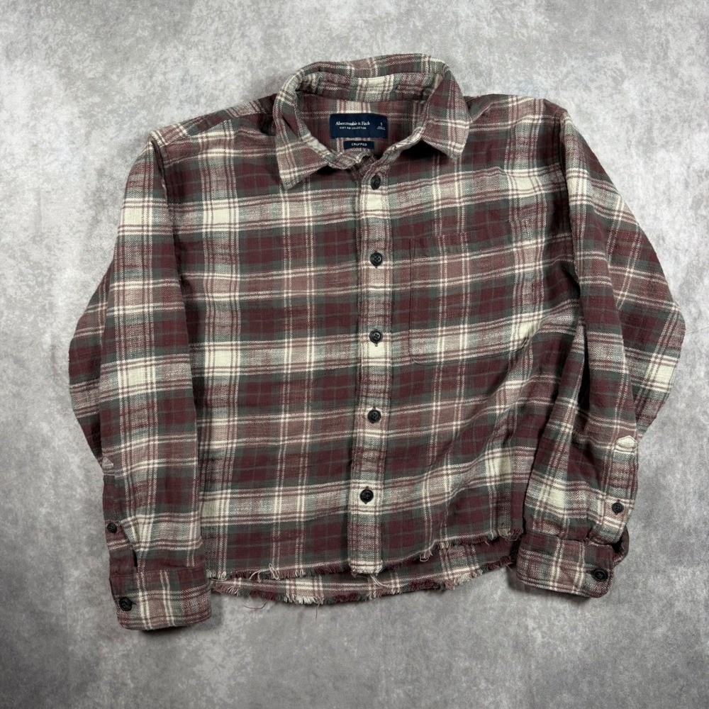 Abercrombie & Fitch Cropped Plaid Flannel Shirt Raw Hem Burgundy S Lumberjack